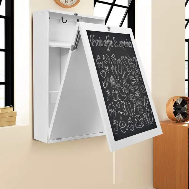Alt view image 5 of 7 - Folding Floating Desk with Chalkboard, Wall Mounted Space Saving Fold Up Convertible Table with Storage Shelves & Hooks (White) - OEM