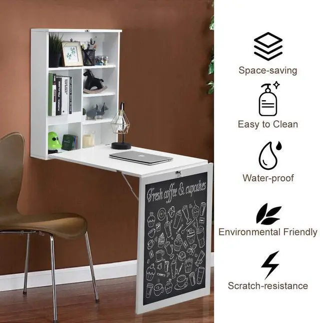 Alt view image 6 of 7 - Folding Floating Desk with Chalkboard, Wall Mounted Space Saving Fold Up Convertible Table with Storage Shelves & Hooks (White) - OEM