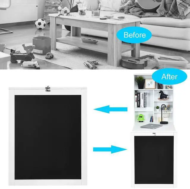 Alt view image 7 of 7 - Folding Floating Desk with Chalkboard, Wall Mounted Space Saving Fold Up Convertible Table with Storage Shelves & Hooks (White) - OEM