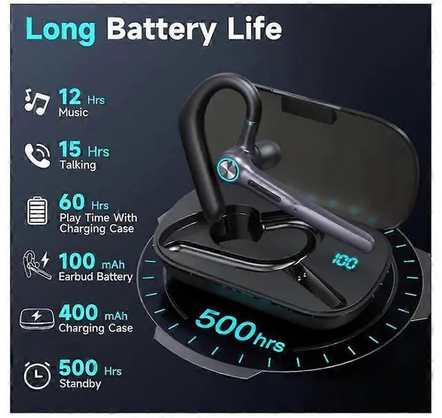 Alt view image 5 of 5 - Wireless Bluetooth Earpiece, 60H Playback, Dual Mic Noise Canceling, 400mAh LED Charging Case (Black)