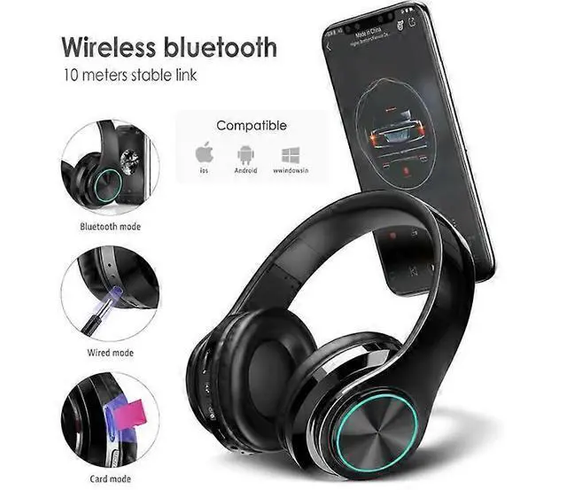 Alt view image 2 of 5 - Foldable LED Bluetooth Headphones with FM/SD Slot, 8H Playtime, Over-Ear Comfort (Black)