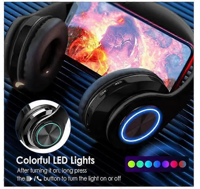 Alt view image 3 of 5 - Foldable LED Bluetooth Headphones with FM/SD Slot, 8H Playtime, Over-Ear Comfort (Black)