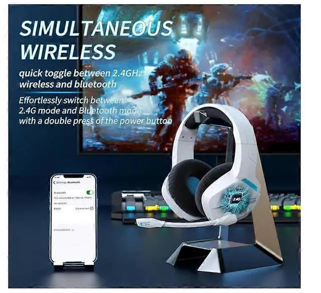 Alt view image 2 of 5 - BW01 Wireless Gaming Headset with Noise Cancelling Mic, 100H Battery, 2.4G/Bluetooth for PC PS4 PS5 (White)