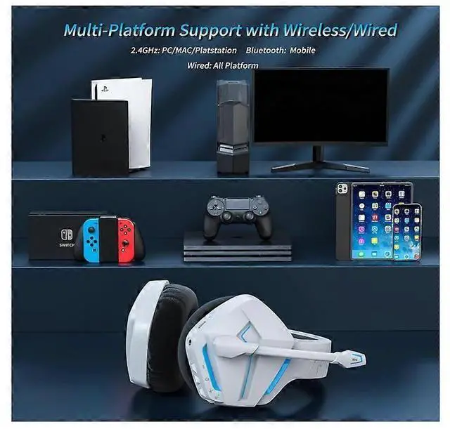Alt view image 5 of 5 - BW01 Wireless Gaming Headset with Noise Cancelling Mic, 100H Battery, 2.4G/Bluetooth for PC PS4 PS5 (White)