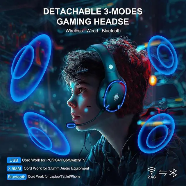 Alt view image 2 of 5 - Dual-Chip Wireless Gaming Headset, Bluetooth 5.3 & 2.4GHz, 30H Battery, Noise Cancelling Mic, Green