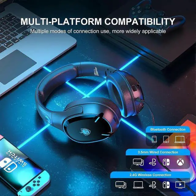 Alt view image 4 of 5 - Dual-Chip Wireless Gaming Headset, Bluetooth 5.3 & 2.4GHz, 30H Battery, Noise Cancelling Mic, Green
