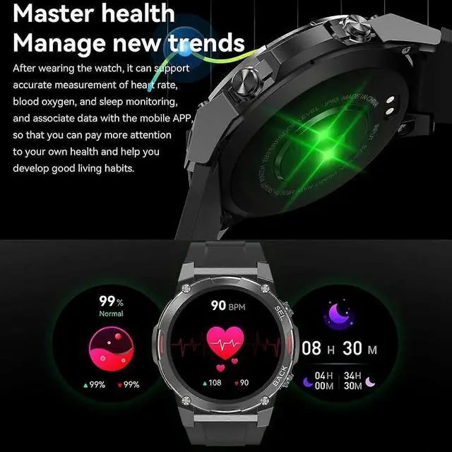 Alt view image 3 of 5 - Ecocleanpath 1.43" AMOLED Military Smartwatch for Men, Bluetooth Call, 400mAh IP68 Fitness Tracker, Green