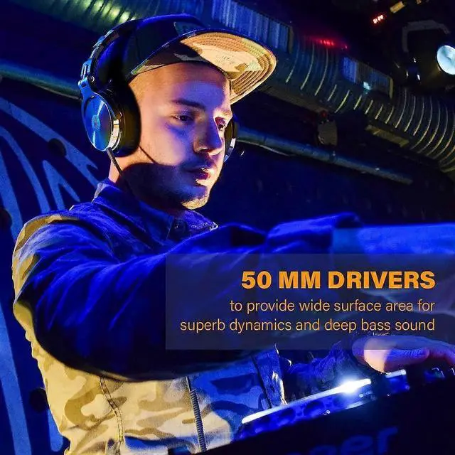 Alt view image 3 of 5 - Studio Monitor Headphones, 50mm Driver Wired Bass Headsets with Mic & Share Port, Foldable for Recording/Mixing