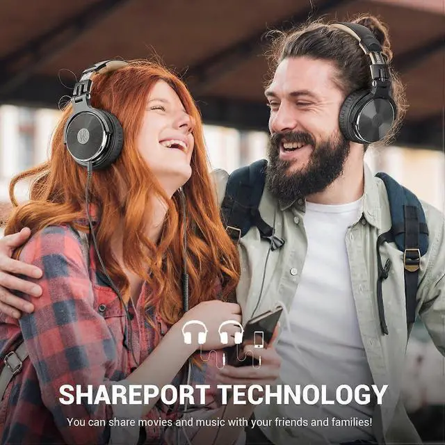 Alt view image 5 of 5 - Studio Monitor Headphones, 50mm Driver Wired Bass Headsets with Mic & Shareport, Foldable for DJ Mixing Podcast