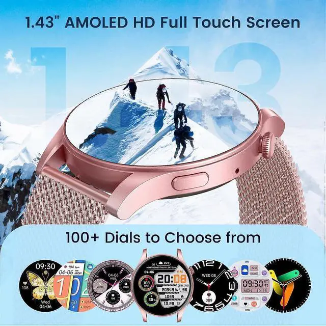 Alt view image 5 of 5 - Ecocleanpath Women's Smartwatch 1.43" AMOLED, Heart Rate/Sleep Monitor, 100+ Sports Modes, Call Function, Pink