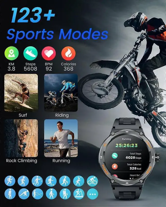 Alt view image 5 of 5 - Ecocleanpath Men's 1.53" Smart Watch: 3ATM Waterproof, Heart Rate & Blood Oxygen Monitor, 123 Sport Modes
