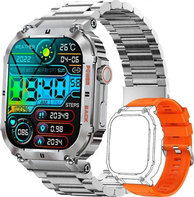 Main image of Ecocleanpath Military Smart Watch for Men: 1.96" HD Tactical, Answer/Make Calls, Heart Rate & SpO2 Monitor, Silver