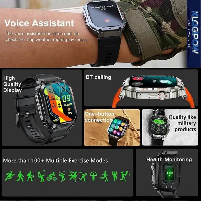 Alt view image 3 of 5 - Ecocleanpath Military Smart Watch for Men: 1.96" HD Tactical, Call/Text, Heart Rate & SpO2 Monitor (Orange)