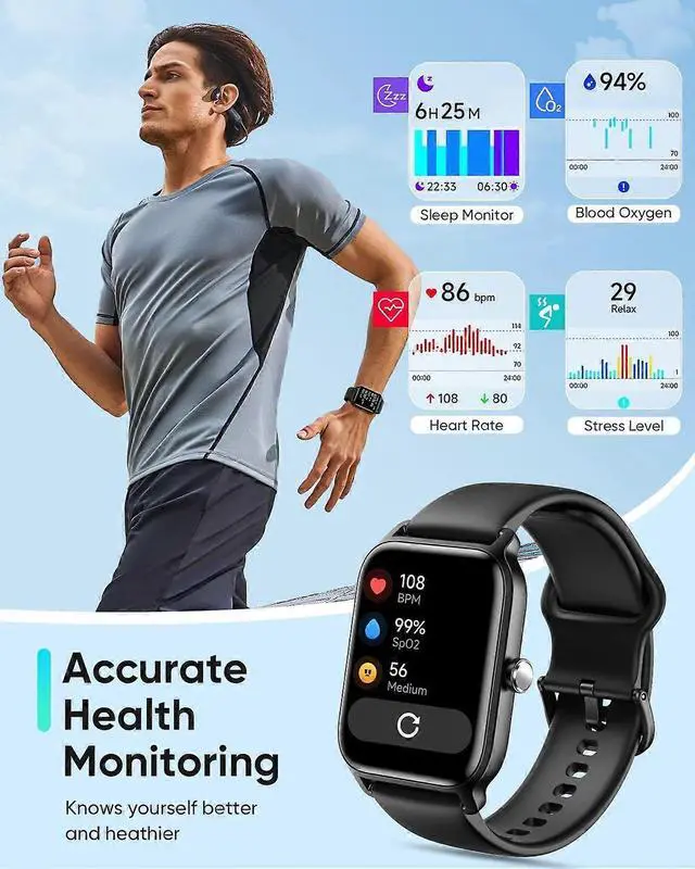 Alt view image 3 of 5 - Ecocleanpath Smart Watch with Alexa, 1.8" HD Screen, IP68 Waterproof, Bluetooth Calling & Health Monitor - Black