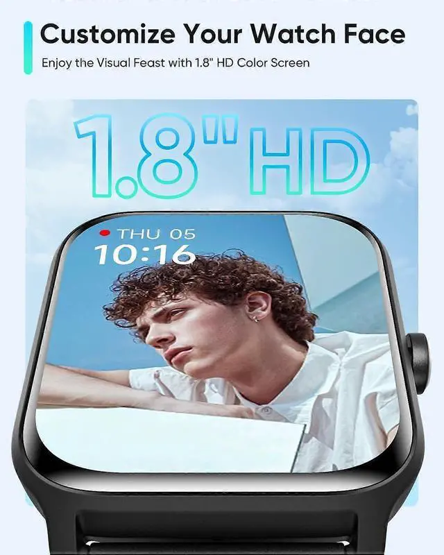 Alt view image 2 of 5 - Ecocleanpath Smart Watch with Alexa, 1.8" HD Screen, IP68 Waterproof, Bluetooth Calling & Health Monitor - Black