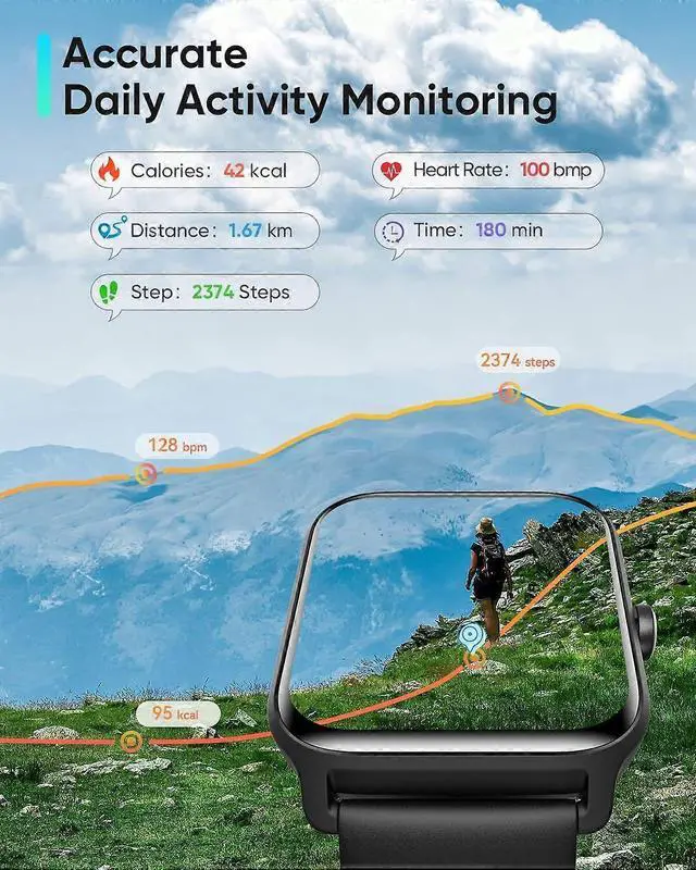Alt view image 4 of 5 - Ecocleanpath Smart Watch with Alexa, 1.8" HD Screen, IP68 Waterproof, Bluetooth Calling & Health Monitor - Black