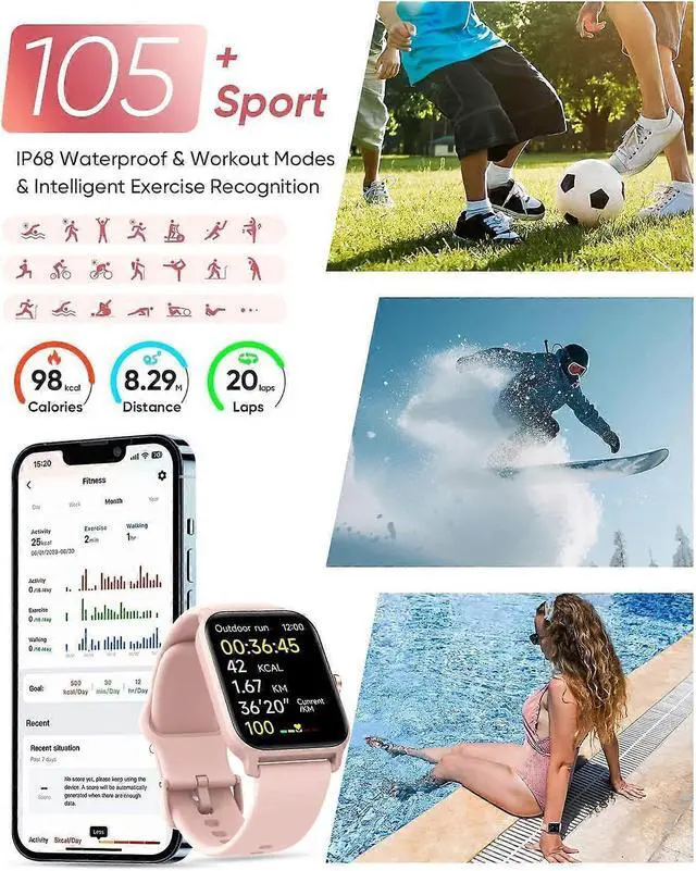 Alt view image 4 of 5 - Ecocleanpath Smart Watch with Alexa, 1.8" HD Screen, IP68 Waterproof, Bluetooth Calling & Health Monitor - Pink