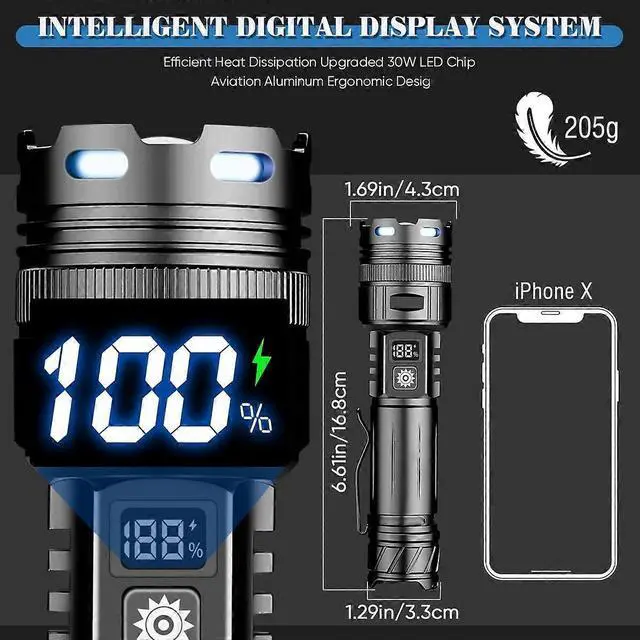 Alt view image 2 of 5 - Ecocleanpath Super Bright 1000m LED Flashlight with LCD Display, USB-C Rechargeable & IP65 Waterproof for Outdoor Use