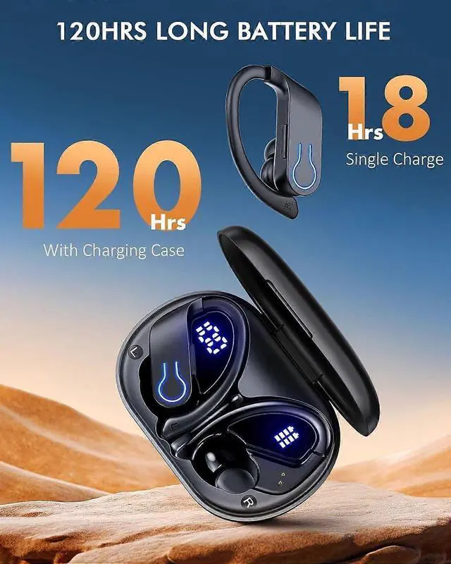 Alt view image 2 of 5 - Wireless Earbuds Bluetooth 5.3, 120H Playtime, IPX7 Waterproof Sports Headphones with Earhooks & Power Display