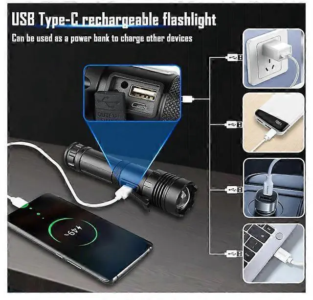 Alt view image 4 of 5 - Ecocleanpath P70 20000 Lumens Rechargeable LED Torch, Super Bright Tactical Flashlight with COB Light & USB-C Charging