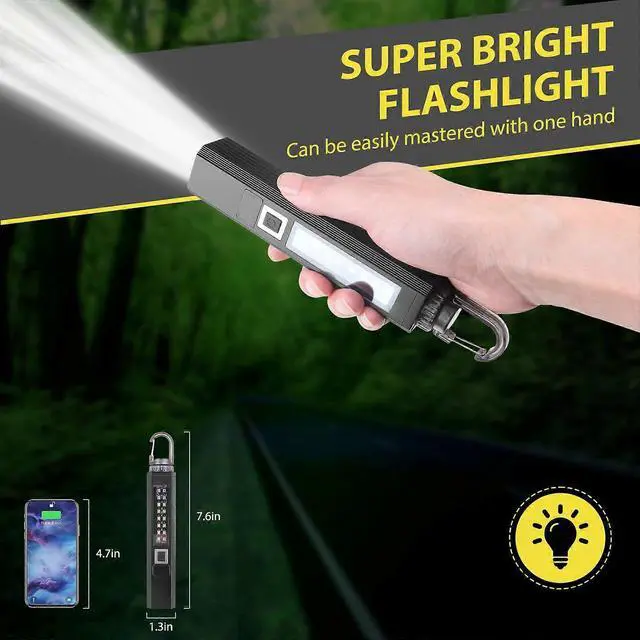 Alt view image 3 of 5 - Ecocleanpath 1200 Lumen Rechargeable LED Flashlight with Magnet & Hook, 9 Modes, UV Light, COB Sidelight for Camping & Work