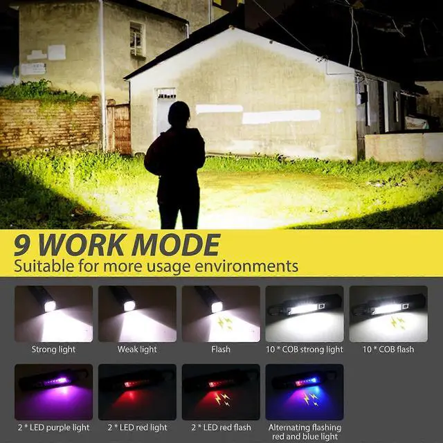 Alt view image 4 of 5 - Ecocleanpath 1200 Lumen Rechargeable LED Flashlight with Magnet & Hook, 9 Modes, UV Light, COB Sidelight for Camping & Work