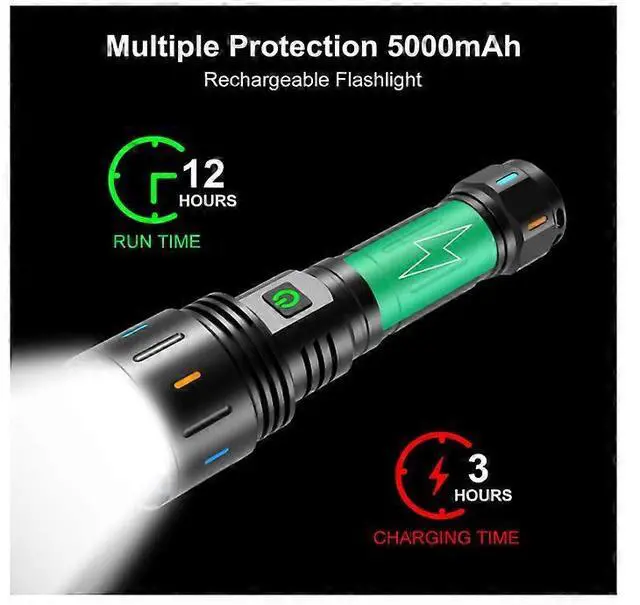 Alt view image 4 of 5 - Ecocleanpath 6000 Lumens Super Bright LED Flashlight, 5 Modes Zoomable Waterproof Tactical Torch with Power Bank - Black