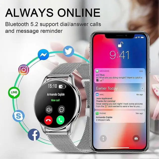 Alt view image 2 of 5 - Ecocleanpath Women's Smartwatch 1.35" AMOLED, Waterproof Fitness Tracker, Bluetooth Call, 100+ Sports Modes, Silver