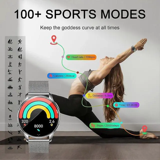 Alt view image 3 of 5 - Ecocleanpath Women's Smartwatch 1.35" AMOLED, Waterproof Fitness Tracker, Bluetooth Call, 100+ Sports Modes, Silver