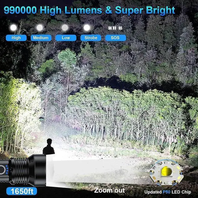 Alt view image 2 of 5 - Ecocleanpath Rechargeable Flashlights 2-Pack, 990K Lumens Super Bright, 5 Modes & 12H Runtime, IPX7 Waterproof LED Flashlight