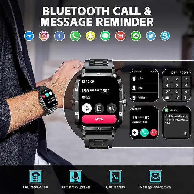 Alt view image 2 of 5 - Ecocleanpath Military Smart Watch for Men: 1.96" HD Screen, 3ATM Waterproof, Heart Rate Monitor, 100+ Sports Modes, Call Function (Black)