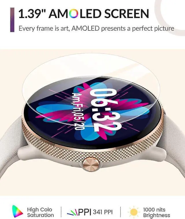 Alt view image 3 of 5 - Ecocleanpath Smart Watch for Women, 1.39" AMOLED Fitness Tracker with Blood Pressure, Heart Rate, Sleep Monitor, IP68 Waterproof