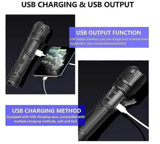 Alt view image 4 of 5 - Ecocleanpath Super Bright XHP70 LED Flashlight, 20000 Lumen USB Rechargeable, 5 Modes Zoomable Waterproof Tactical Light (Black)