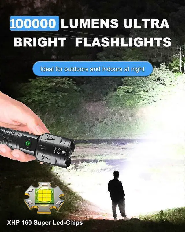 Alt view image 2 of 5 - Ecocleanpath 100000 Lumens Rechargeable Tactical Flashlight, 5 Modes Zoomable Super Bright LED, IPX5 Waterproof & Power Bank