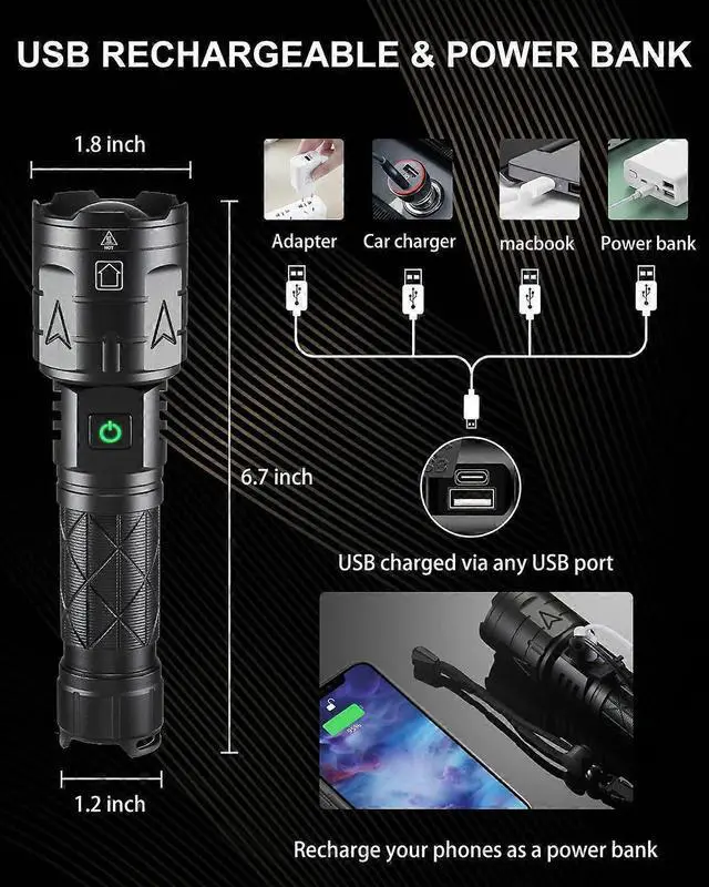 Alt view image 3 of 5 - Ecocleanpath 100000 Lumens Rechargeable Tactical Flashlight, 5 Modes Zoomable Super Bright LED, IPX5 Waterproof & Power Bank