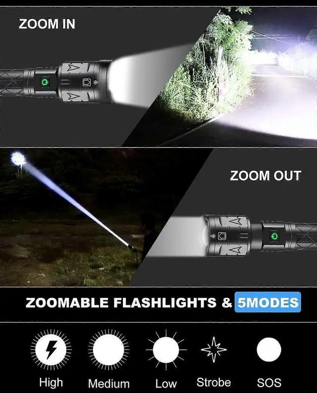 Alt view image 4 of 5 - Ecocleanpath 100000 Lumens Rechargeable Tactical Flashlight, 5 Modes Zoomable Super Bright LED, IPX5 Waterproof & Power Bank