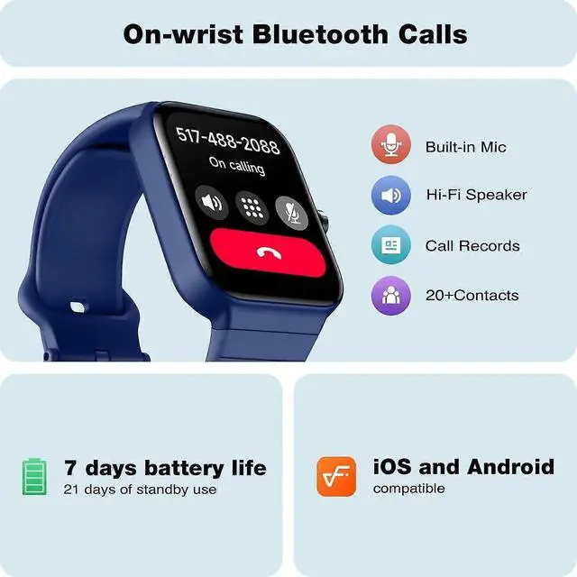 Alt view image 2 of 5 - Ecocleanpath Fitpolo 1.8" Smart Watch with Bluetooth Calling, 100+ Fitness Modes, IP68 Waterproof for Android iPhone