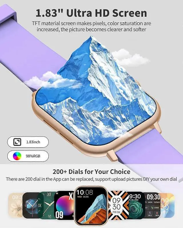 Alt view image 4 of 5 - Ecocleanpath 1.83" Smart Watch with Bluetooth Calling, Blood Pressure & Heart Rate Monitor, IP68 Waterproof, 123 Sports Modes