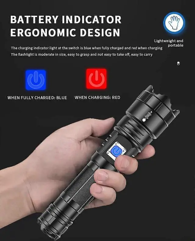 Alt view image 2 of 5 - Ecocleanpath XHP70 LED Tactical Flashlight, 90000 Lumens Super Bright, 5 Modes Zoomable, USB Rechargeable, Waterproof for Camping & Emergency (Black)