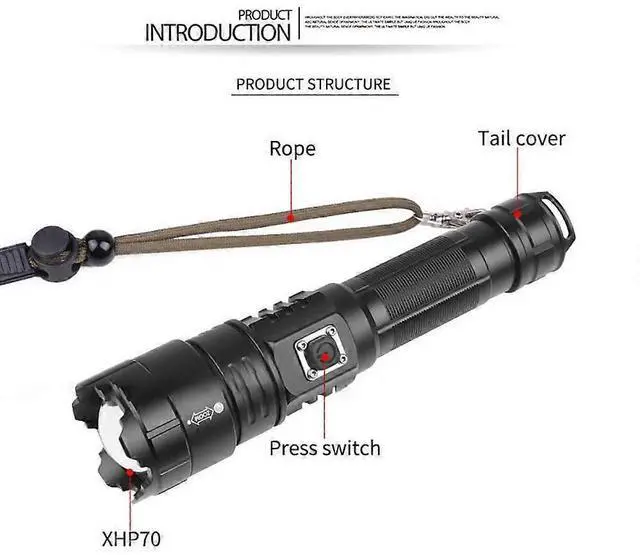 Alt view image 3 of 5 - Ecocleanpath XHP70 LED Tactical Flashlight, 90000 Lumens Super Bright, 5 Modes Zoomable, USB Rechargeable, Waterproof for Camping & Emergency (Black)