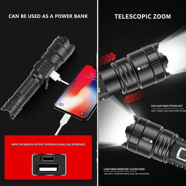 Alt view image 5 of 5 - Ecocleanpath XHP70 LED Tactical Flashlight, 90000 Lumens Super Bright, 5 Modes Zoomable, USB Rechargeable, Waterproof for Camping & Emergency (Black)