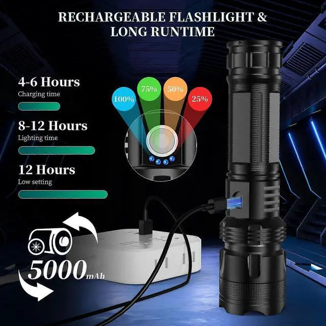 Alt view image 3 of 5 - Ecocleanpath 990,000 Lumens Rechargeable LED Flashlight, 5 Modes IPX6 Waterproof, Super Bright Handheld Light for Emergencies
