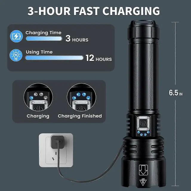 Alt view image 3 of 5 - Ecocleanpath 990,000 Lumen Rechargeable LED Flashlight, USB-C Fast Charge, 5 Modes, Waterproof, 3280ft Beam