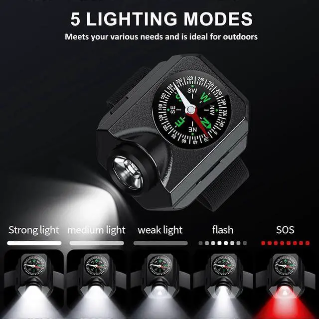 Alt view image 2 of 5 - Ecocleanpath 1000 Lumen Rechargeable Wrist Flashlight, 5 Modes LED Running Light with Compass, Waterproof for Running Biking Hiking