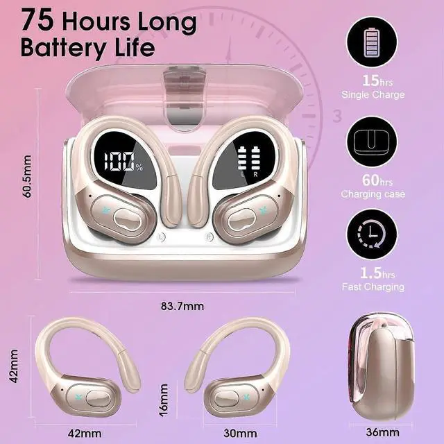 Alt view image 2 of 5 - PX7 Wireless Earbuds Bluetooth 5.3, Ear Hook ENC Noise Cancelling, 75H Playtime IPX7 Waterproof Rose Gold