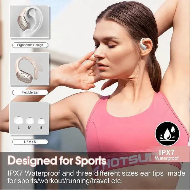 Alt view image 3 of 5 - PX7 Wireless Earbuds Bluetooth 5.3, Ear Hook ENC Noise Cancelling, 75H Playtime IPX7 Waterproof Rose Gold