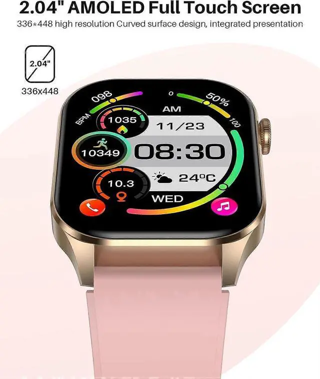 Alt view image 4 of 5 - Ecocleanpath Smart Watch 2.04" AMOLED, True Blood Oxygen Monitor, 136 Sports Modes, IP68 Waterproof, Rose Gold