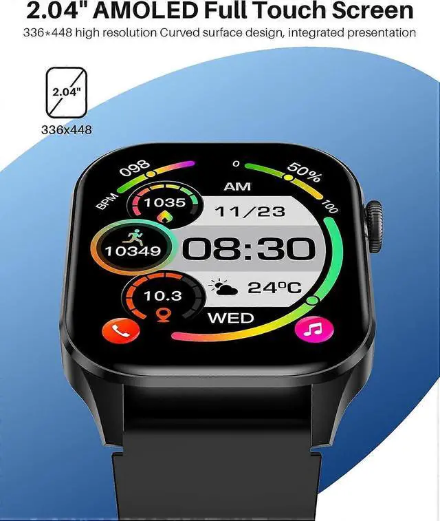 Alt view image 4 of 5 - Ecocleanpath Smart Watch 2.04" AMOLED, True Blood Oxygen Monitor, IP68 Waterproof, 7-Day Battery, Black