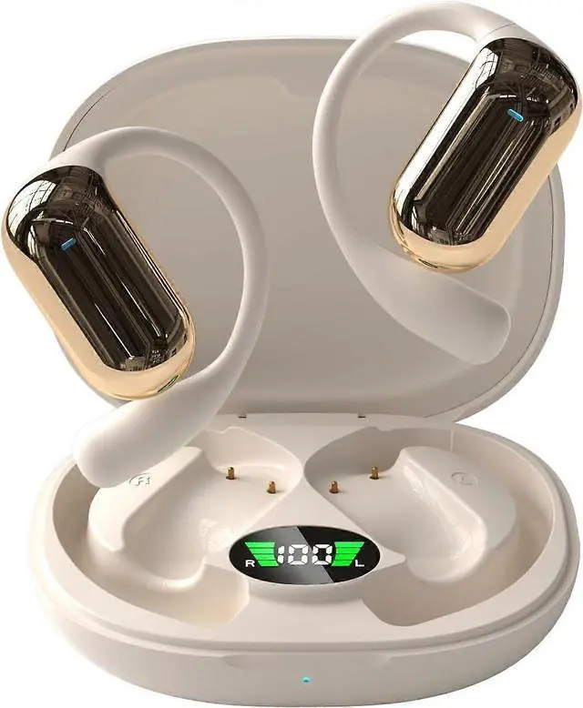 Main image of Beige Earhook Bluetooth Headphones with LED Display, 90H Battery & Noise Cancelling Mic for Sports
