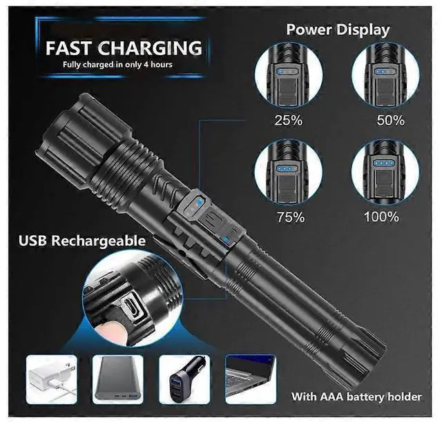 Alt view image 4 of 5 - Ecocleanpath Super Bright 10000 Lumen Tactical Flashlight, Rechargeable LED with 5 Modes & Zoom, IPX6 Waterproof (Black)